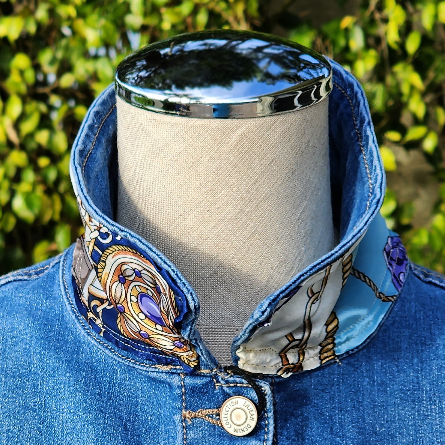 New Handmade Inspired Denim Jacket Silk Scarf Horse Design Equestrian