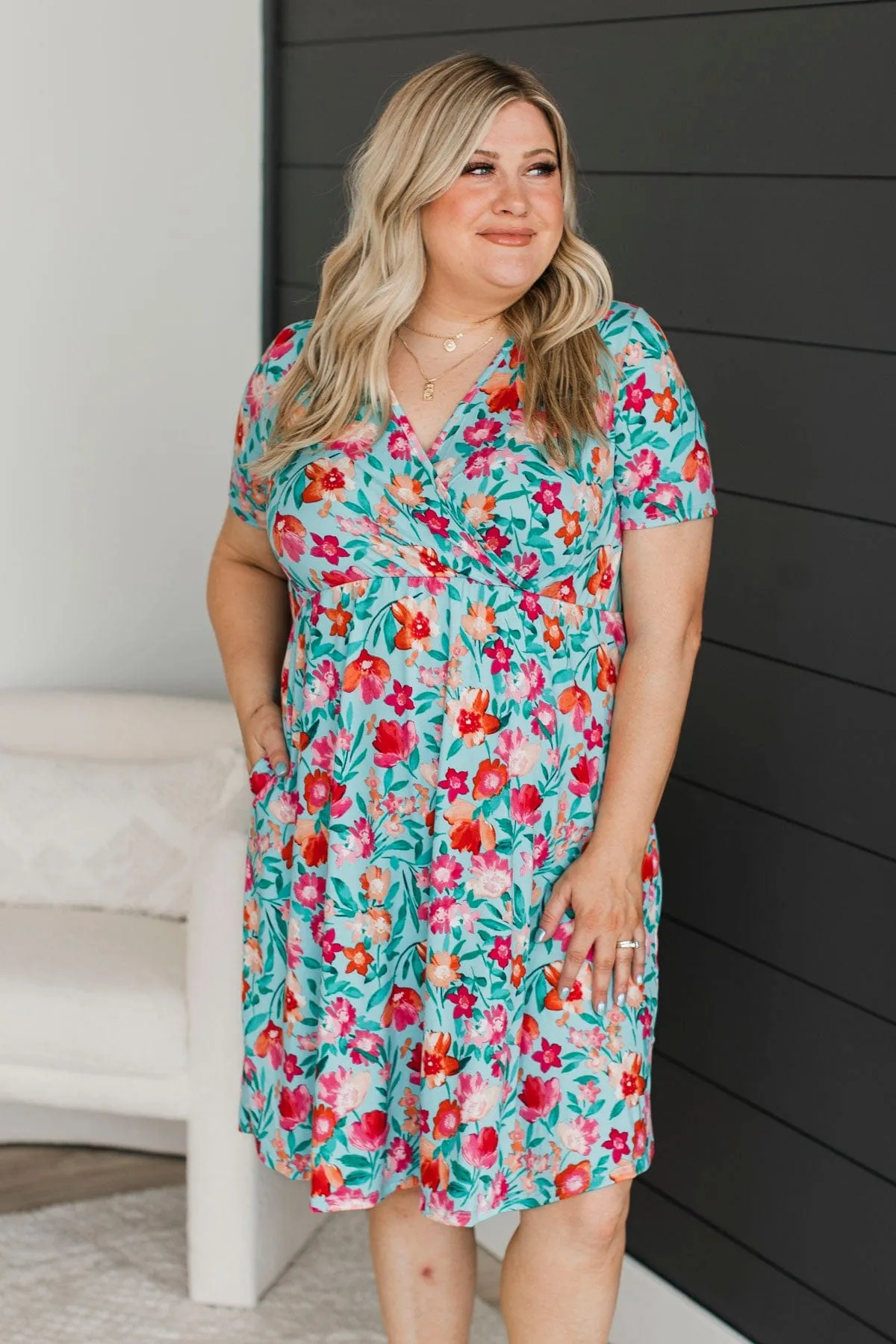 Not Hard To Realize Floral Dress- Aqua & Pink