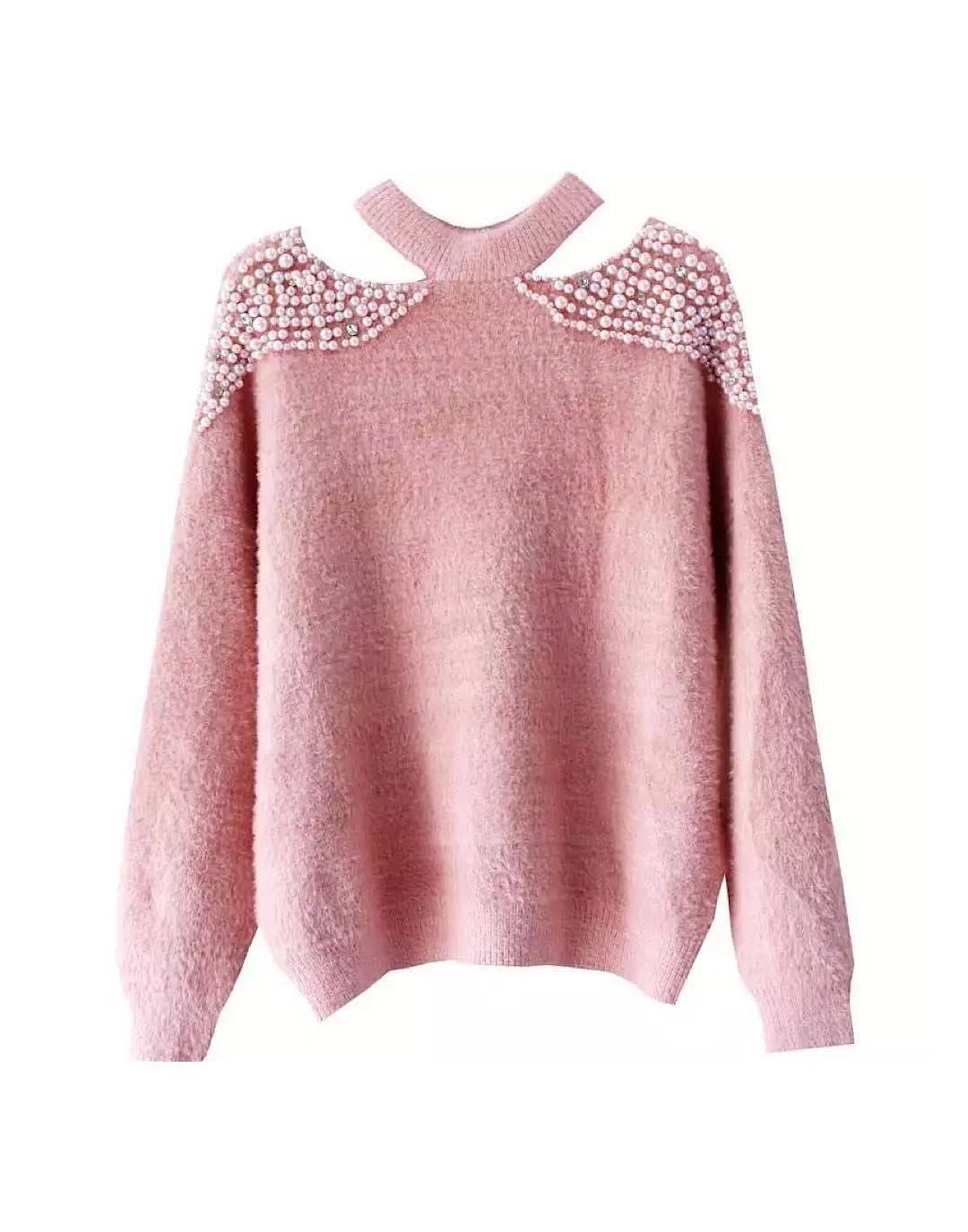 Pearl Shoulder Cut Out Fuzzy Sweater