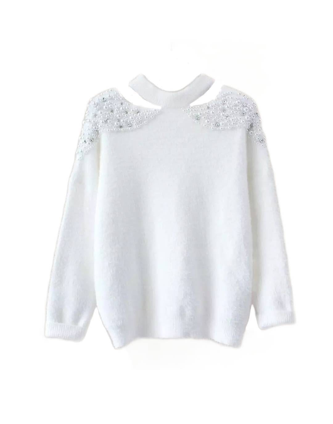 Pearl Shoulder Cut Out Fuzzy Sweater