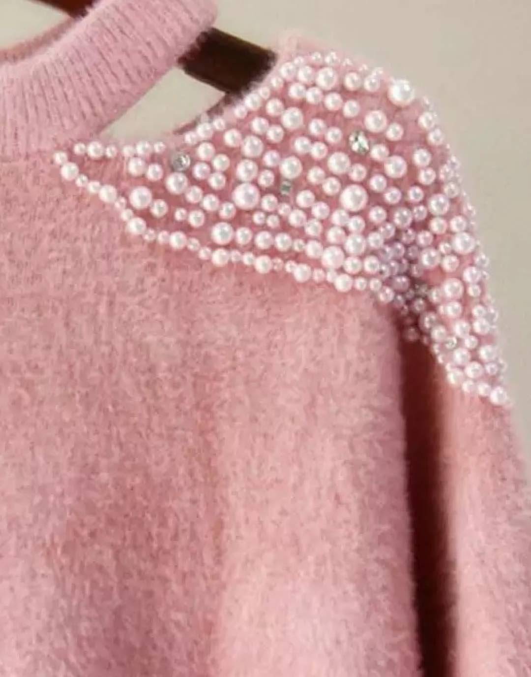 Pearl Shoulder Cut Out Fuzzy Sweater