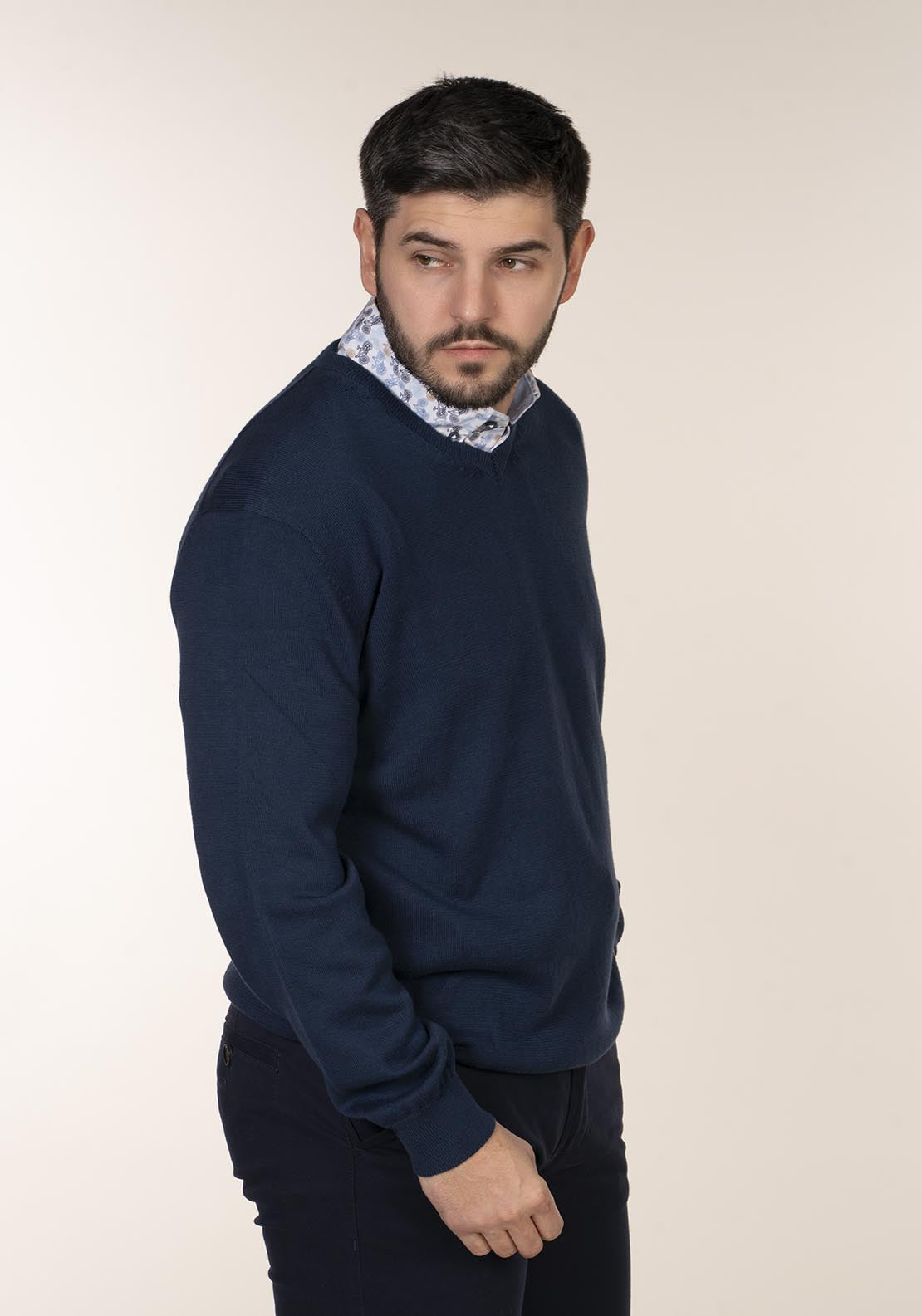 Plain Cotton V Neck Sweaters - Blue