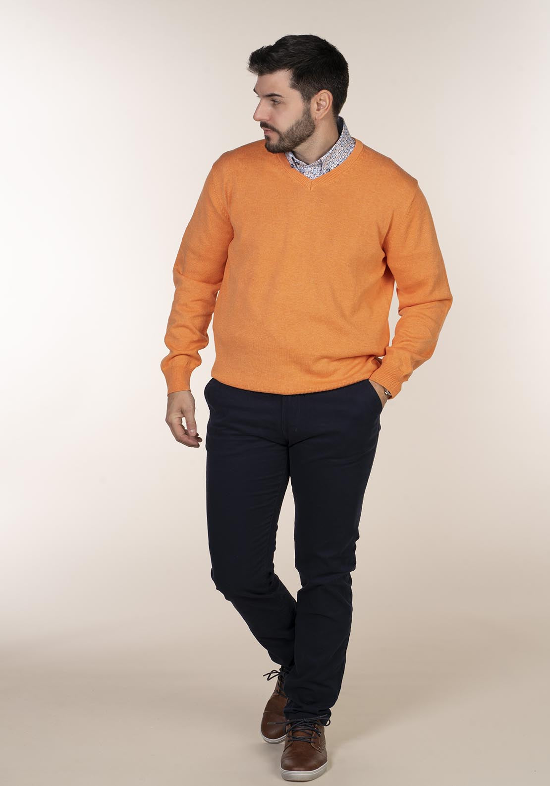 Plain Cotton V Neck Sweaters Orange