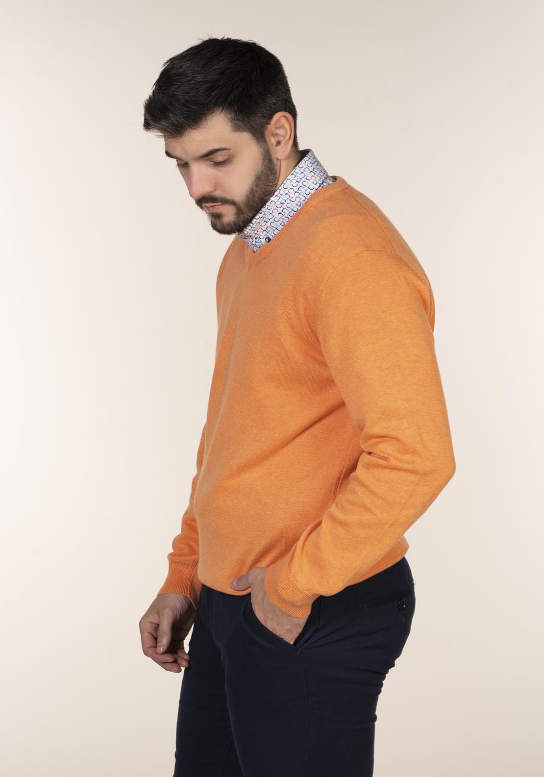 Plain Cotton V Neck Sweaters Orange