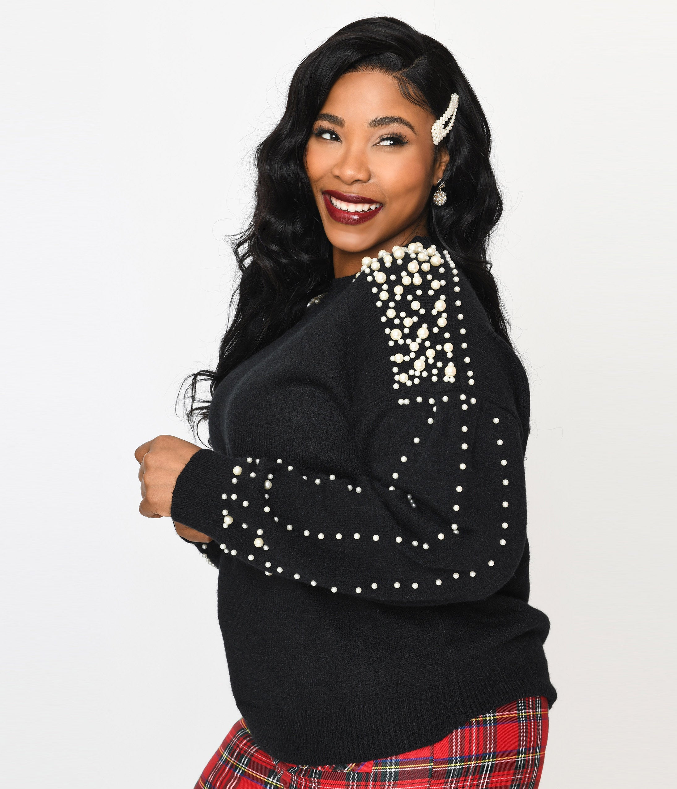 Plus Size Black & Faux Pearl Studded Knit Sweater