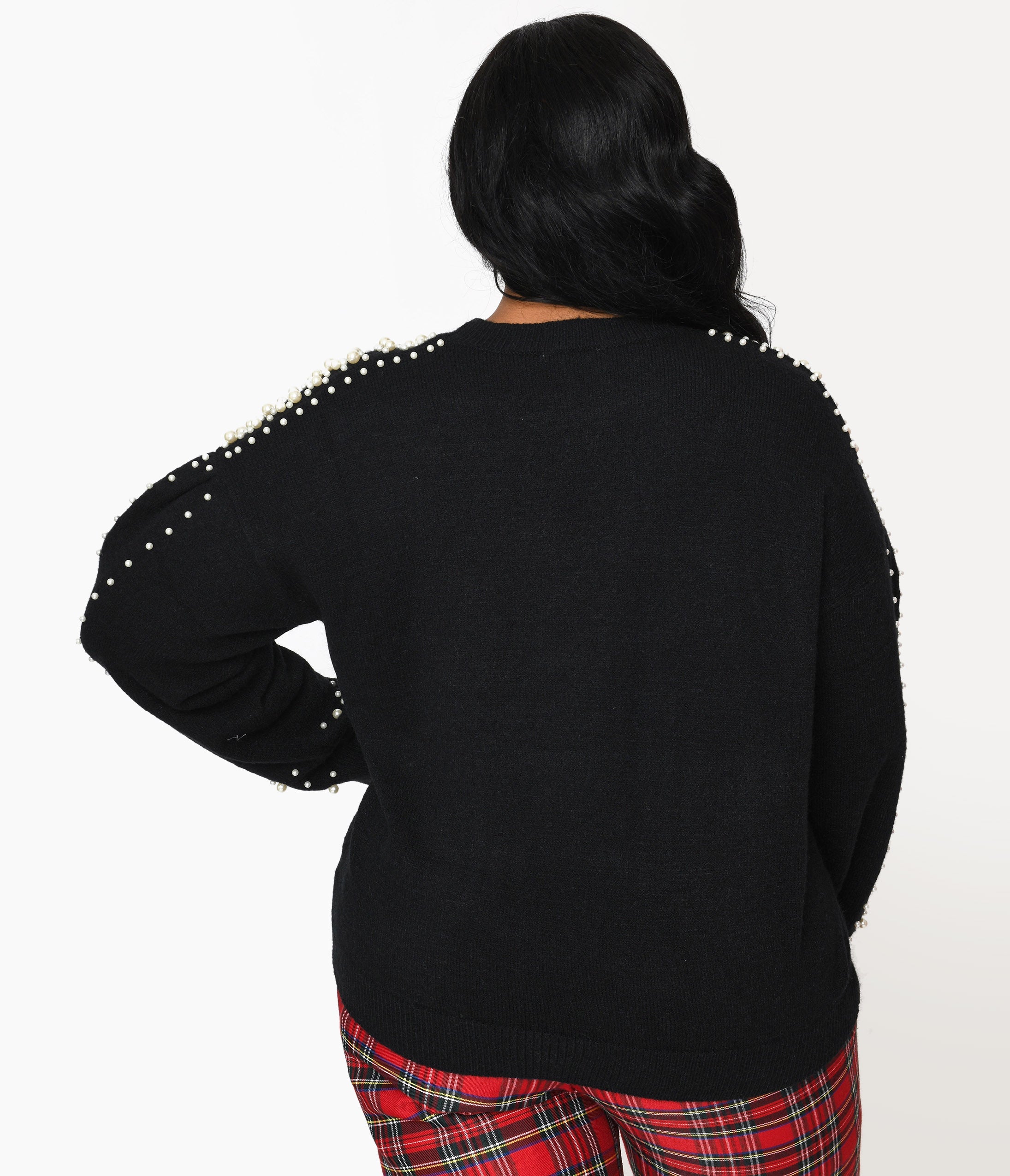 Plus Size Black & Faux Pearl Studded Knit Sweater