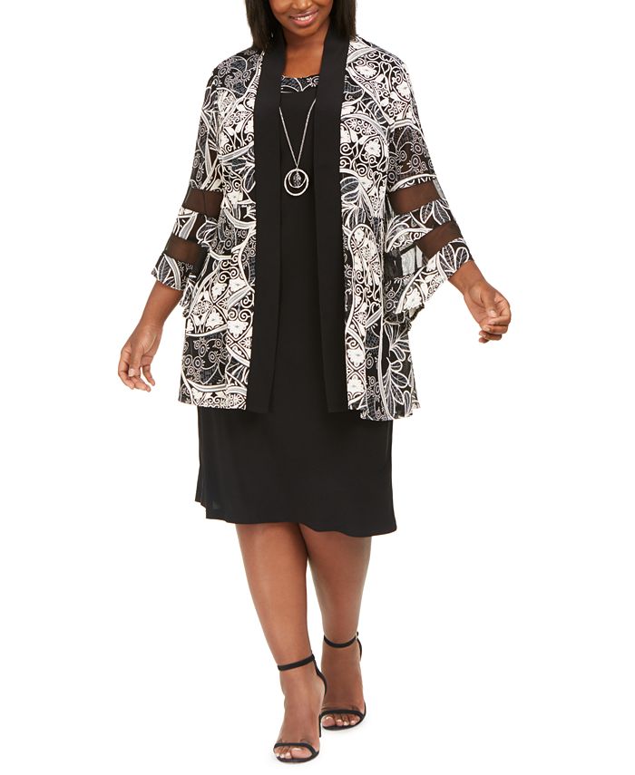 R & M Richards Women's Necklace Dress & Printed Illusion Inset Jacket Black Size 18W