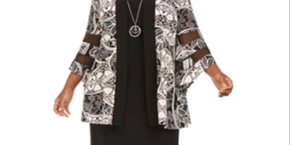 R & M Richards Women's Necklace Dress & Printed Illusion Inset Jacket Black Size 18W