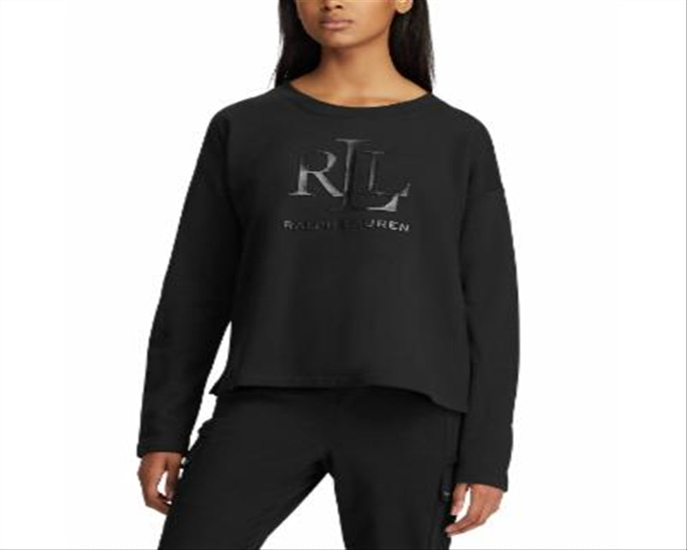 Ralph Lauren Women's Logo Foil Print French Terry Sweater Black Size X-Large