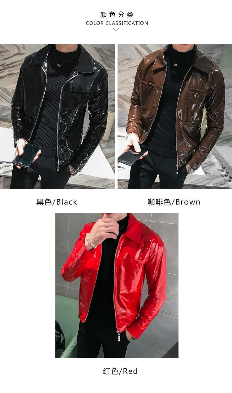 Rebel with the Cool Black Shiny Reflective Patent Pu Leather Biker Jacket Men Belt With Zipper