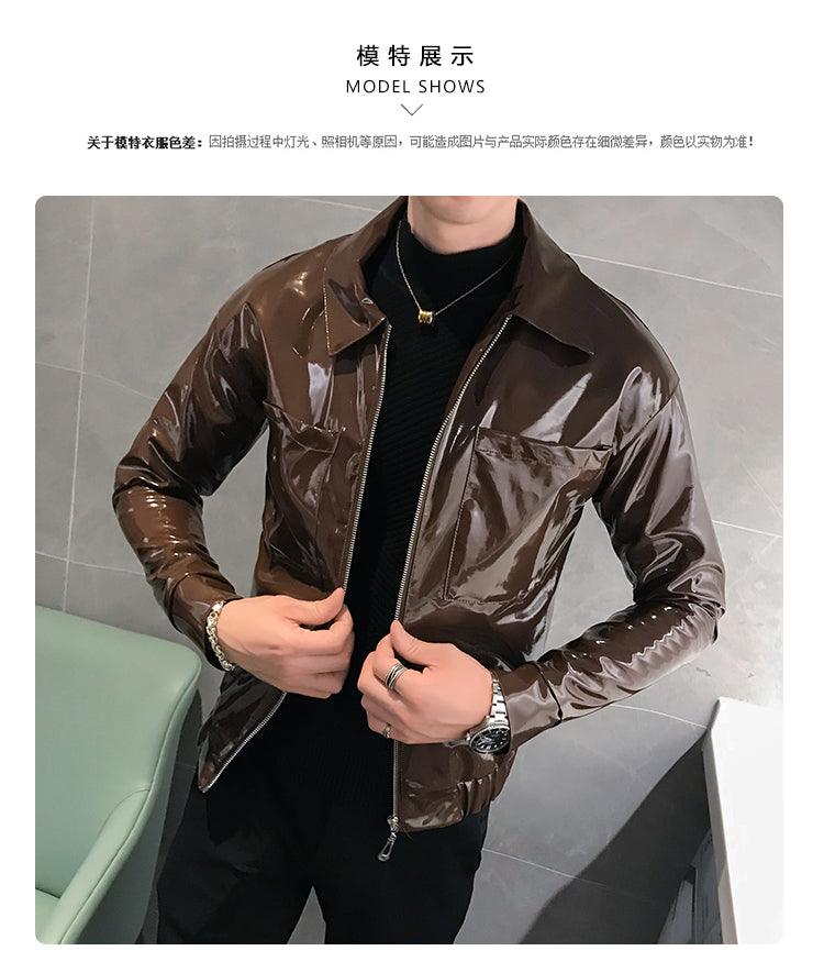 Rebel with the Cool Black Shiny Reflective Patent Pu Leather Biker Jacket Men Belt With Zipper