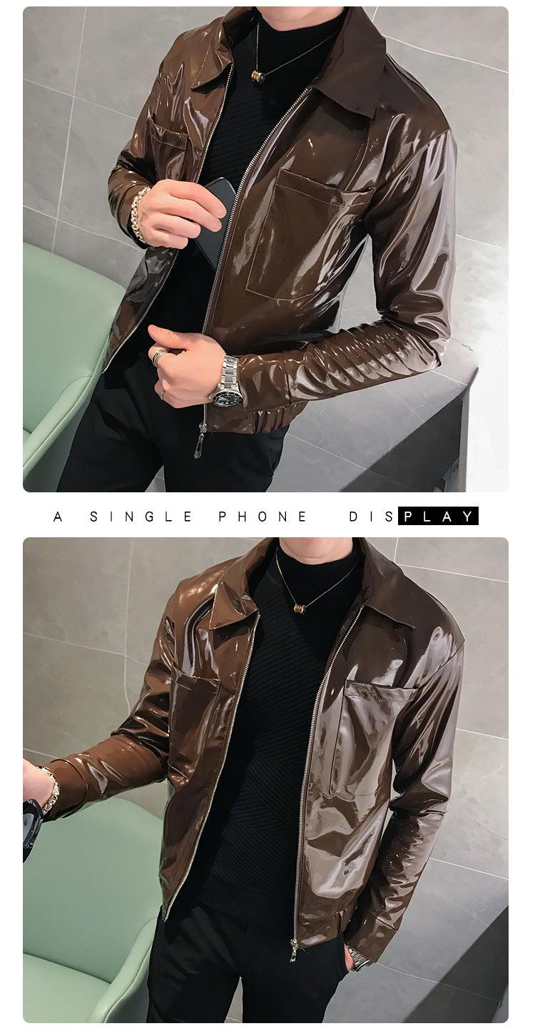 Rebel with the Cool Black Shiny Reflective Patent Pu Leather Biker Jacket Men Belt With Zipper