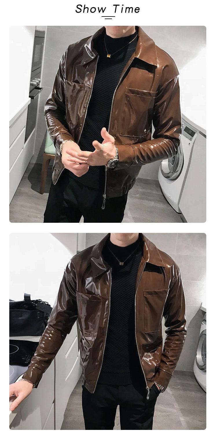 Rebel with the Cool Black Shiny Reflective Patent Pu Leather Biker Jacket Men Belt With Zipper