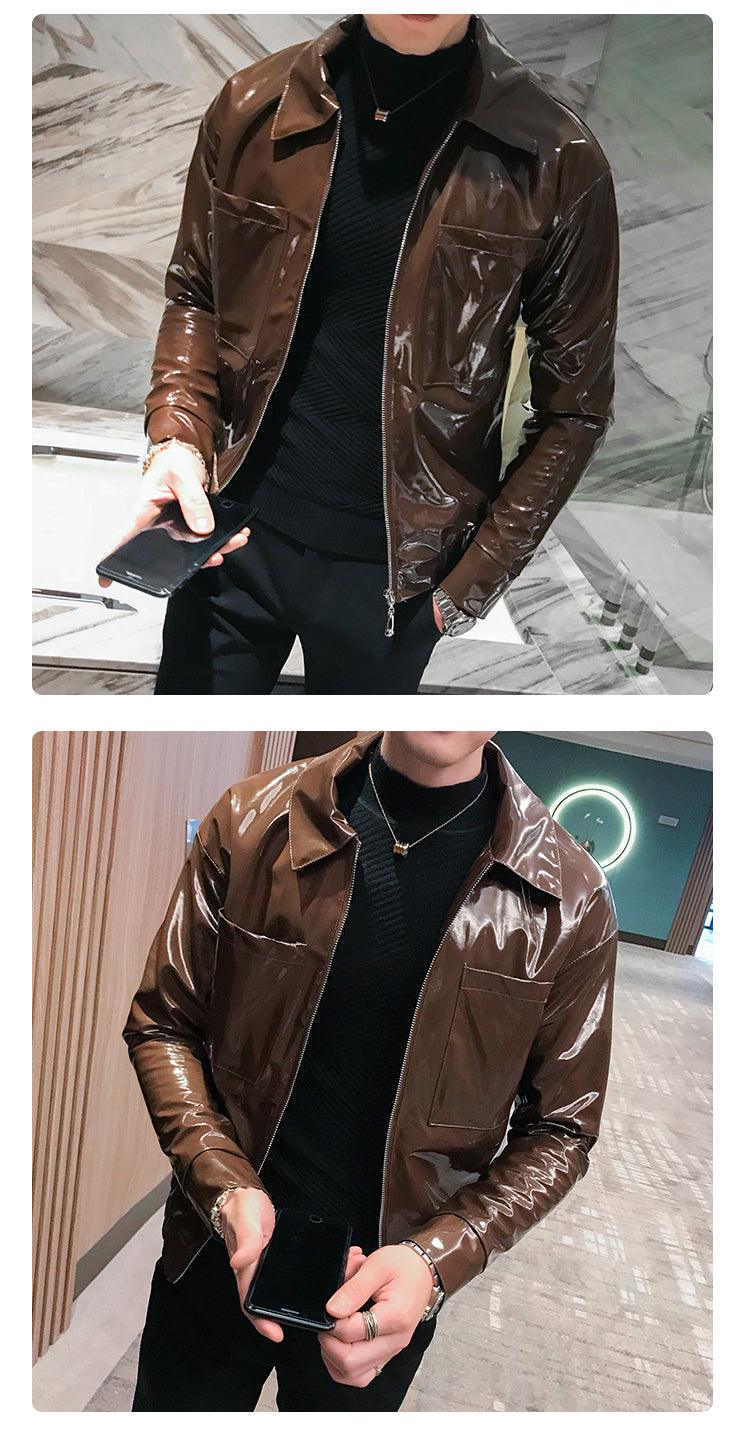 Rebel with the Cool Black Shiny Reflective Patent Pu Leather Biker Jacket Men Belt With Zipper