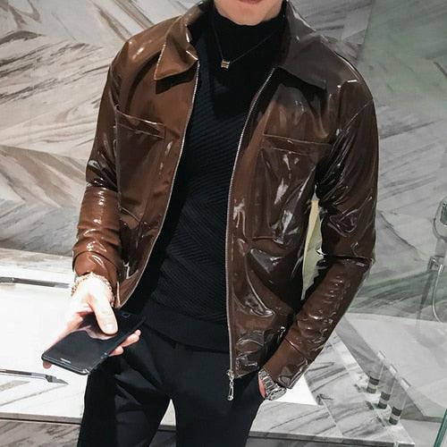 Rebel with the Cool Black Shiny Reflective Patent Pu Leather Biker Jacket Men Belt With Zipper