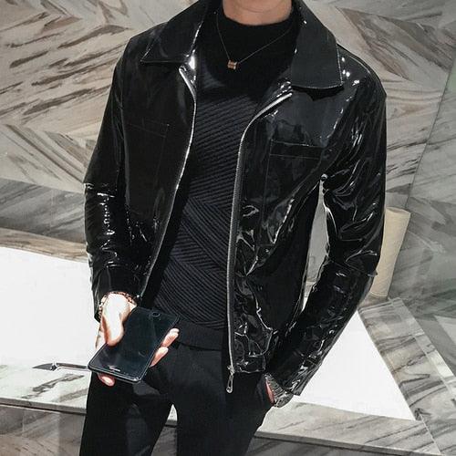 Rebel with the Cool Black Shiny Reflective Patent Pu Leather Biker Jacket Men Belt With Zipper