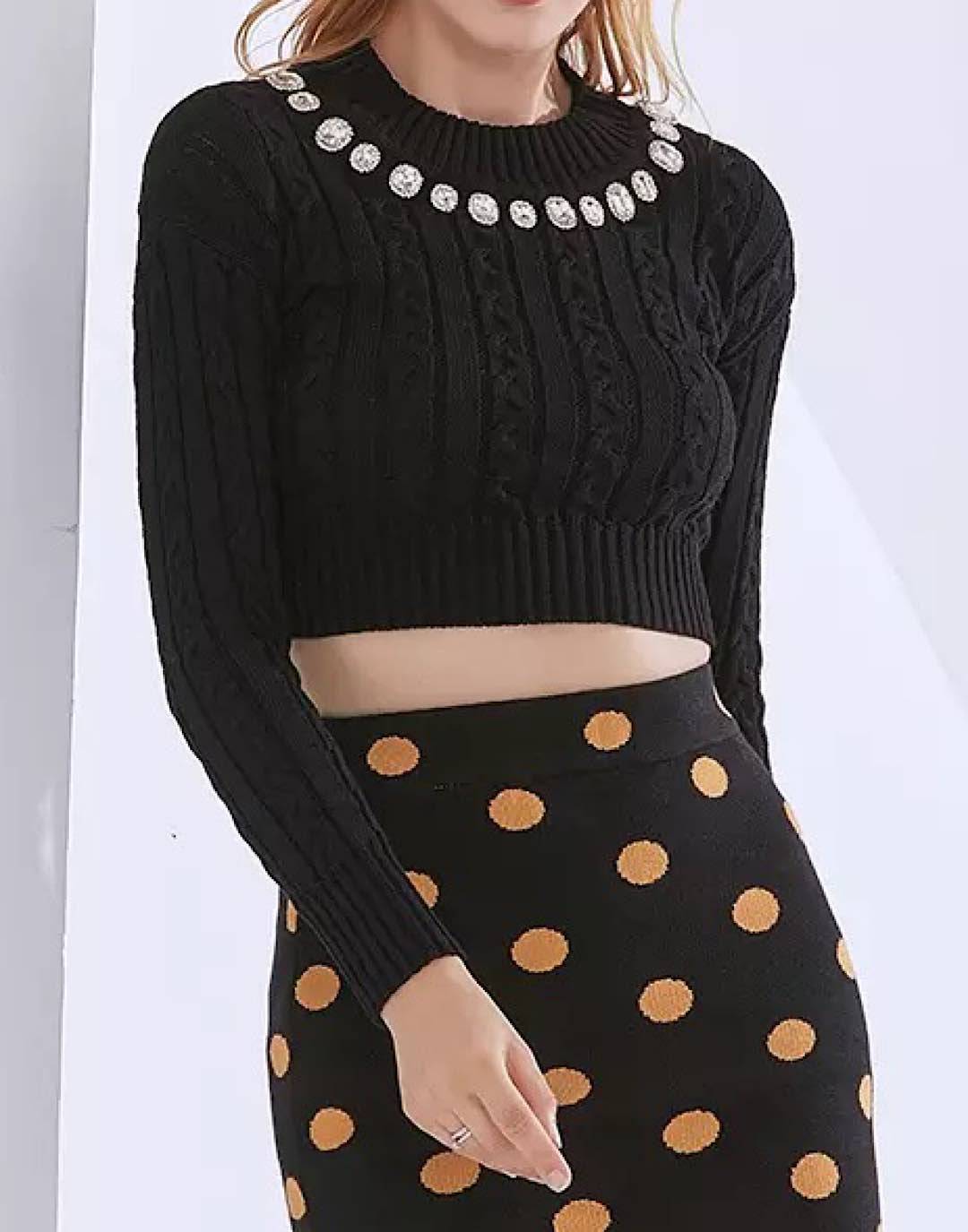 Rhinestone Collar Cropped Sweater