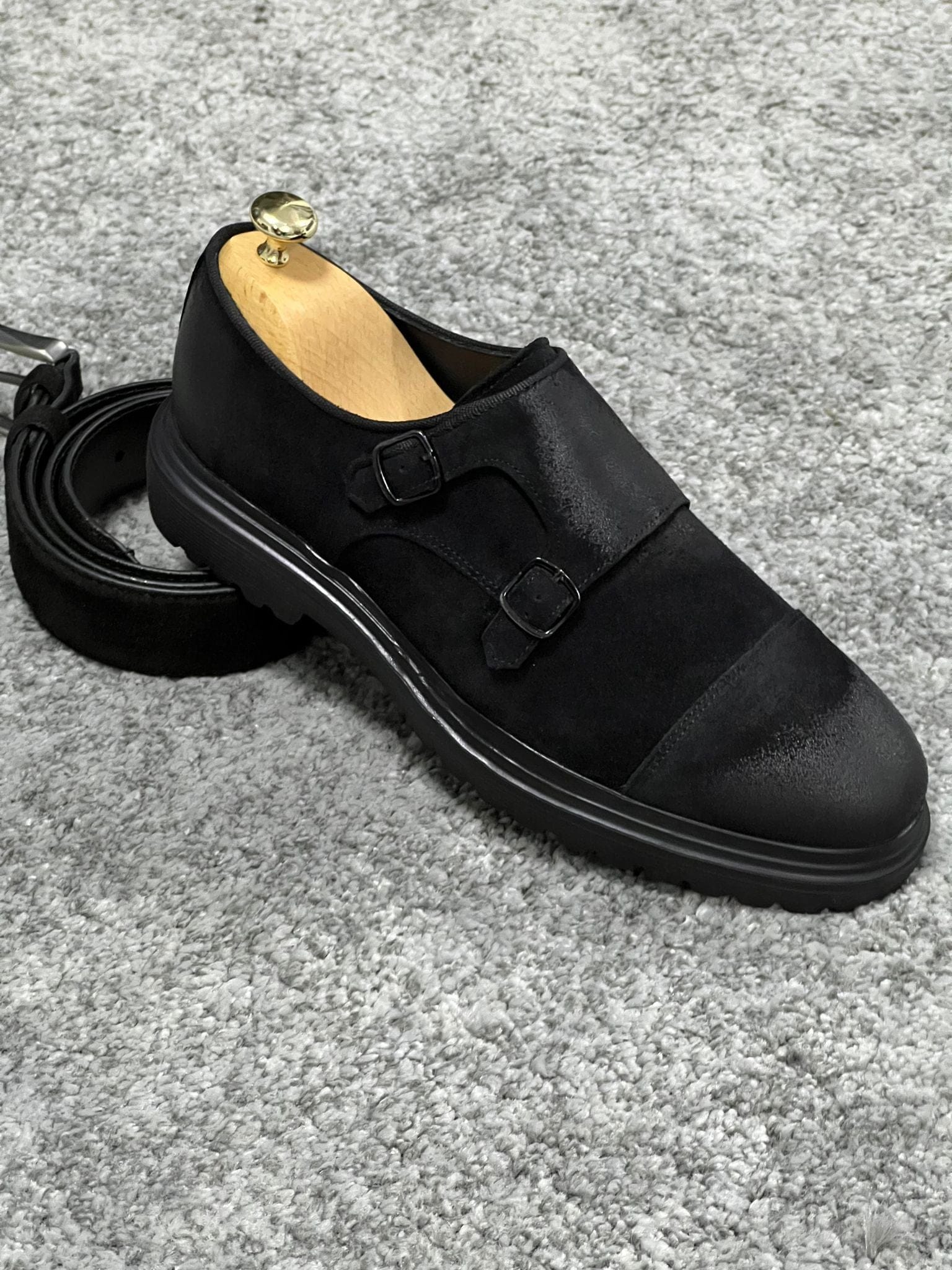 Rubber Sole Double Monk Strap Suede Leather Black Shoes