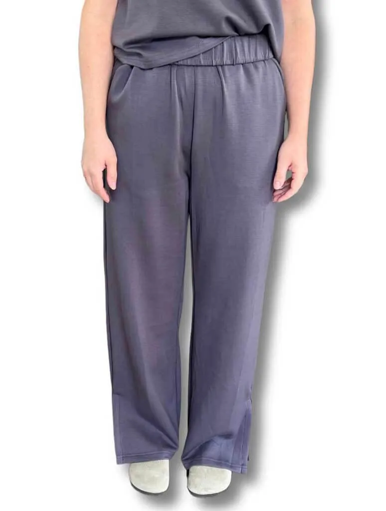 Scuba Modal Wide Leg Pants with Bottom Slits in Charcoal