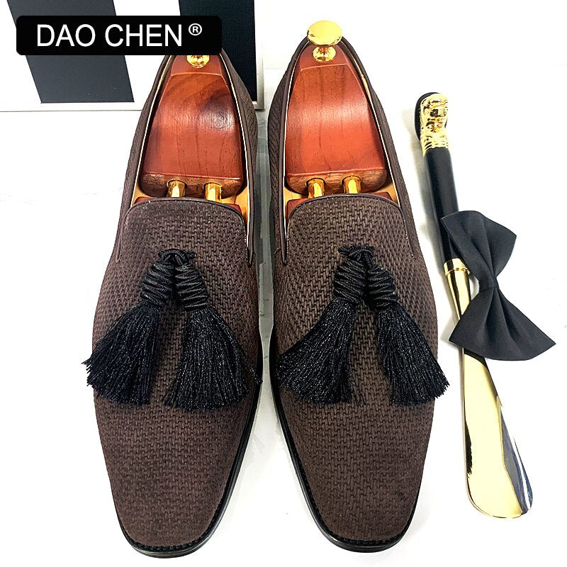 SUEDE BLACK TASSEL SHOES SLIP ON MENS DRESS SHOES