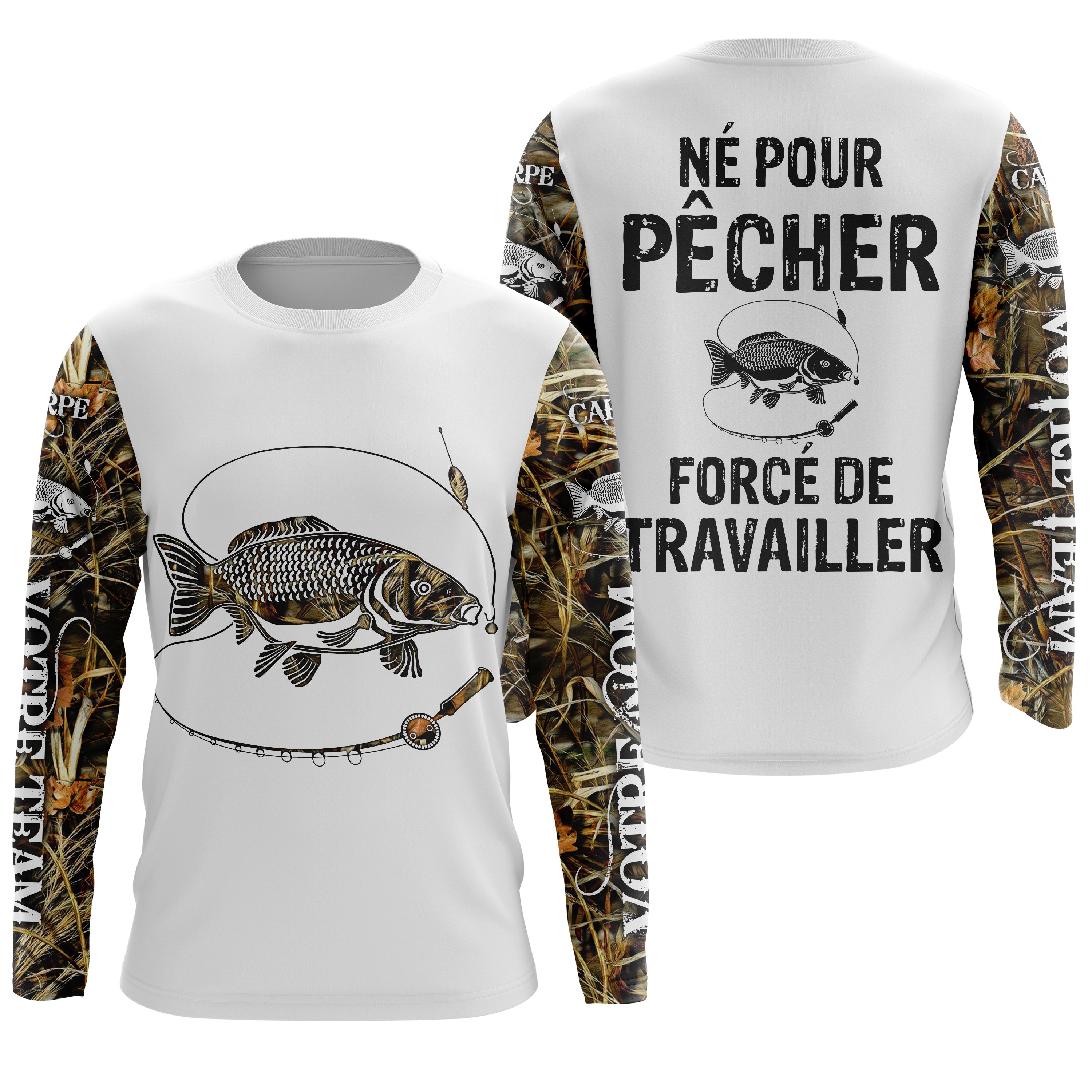 T-shirt Anti UV de Pêche 'Né Pour Pêcher' - Confort Durable et Design Pêcheur, Cadeau Idéal pour Passionnés de Carpe - CT2407202