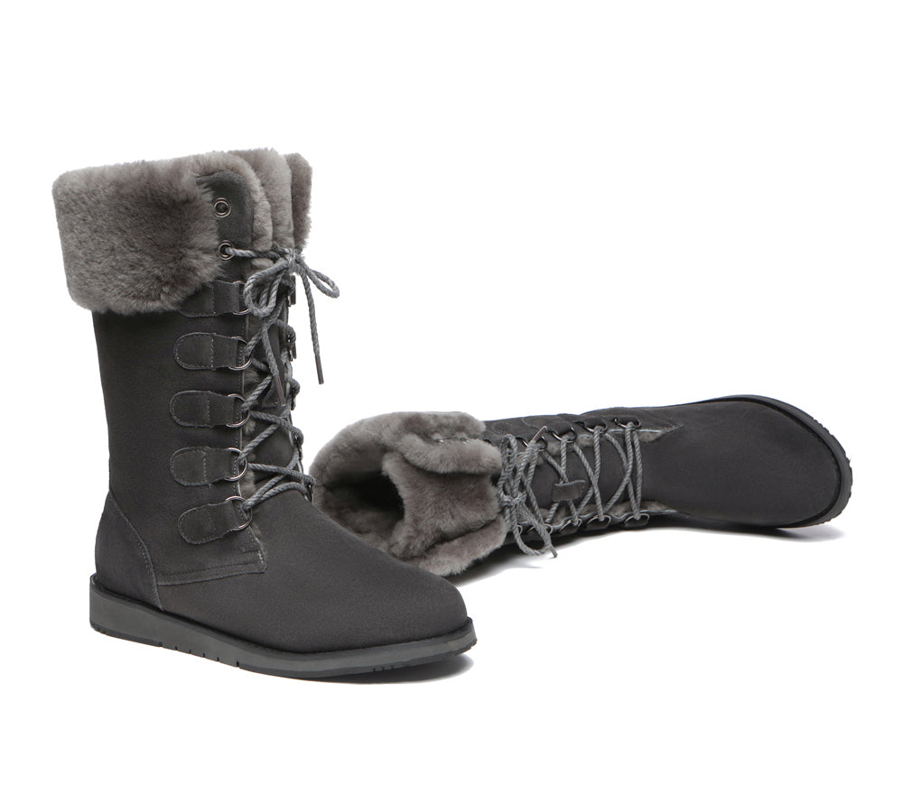 TARRAMARRA Lace Up Mid Calf Fashion Sheepskin Women Boots Becky