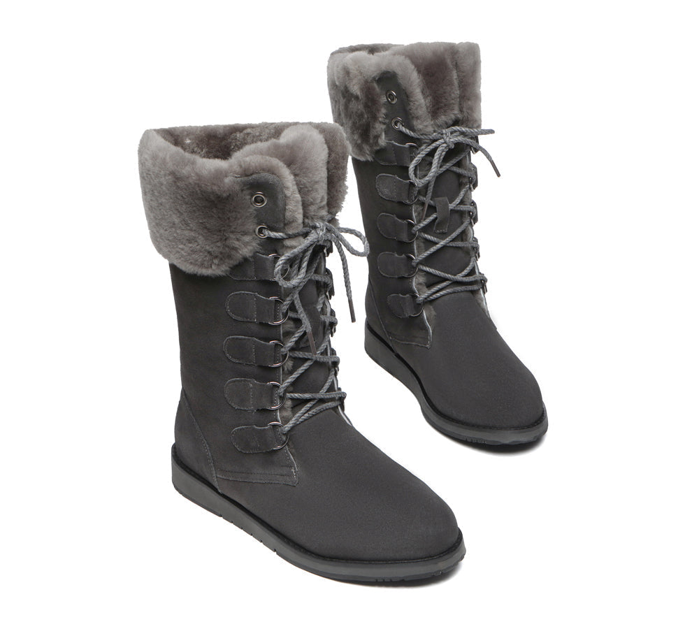 TARRAMARRA Lace Up Mid Calf Fashion Sheepskin Women Boots Becky