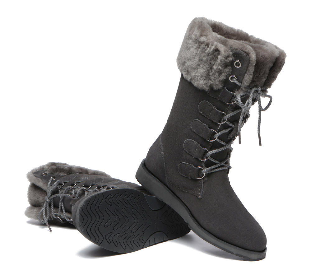 TARRAMARRA Lace Up Mid Calf Fashion Sheepskin Women Boots Becky