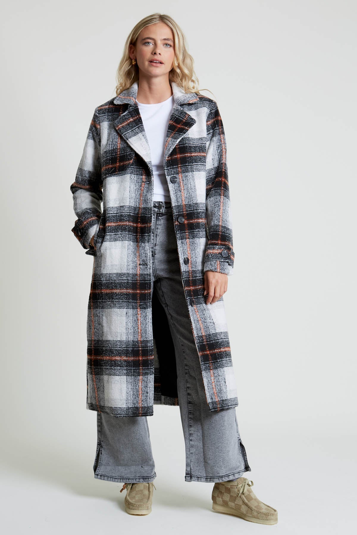 TERESTE LONGLINE CHECK COAT WITH STORM FLAP DETAIL