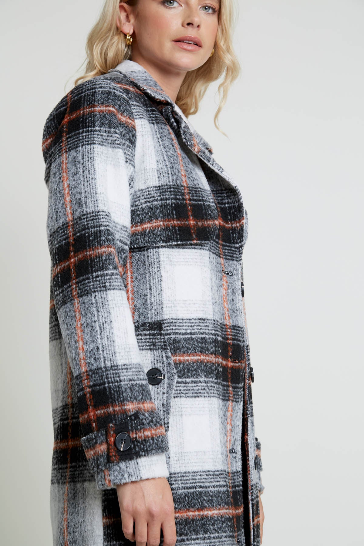 TERESTE LONGLINE CHECK COAT WITH STORM FLAP DETAIL