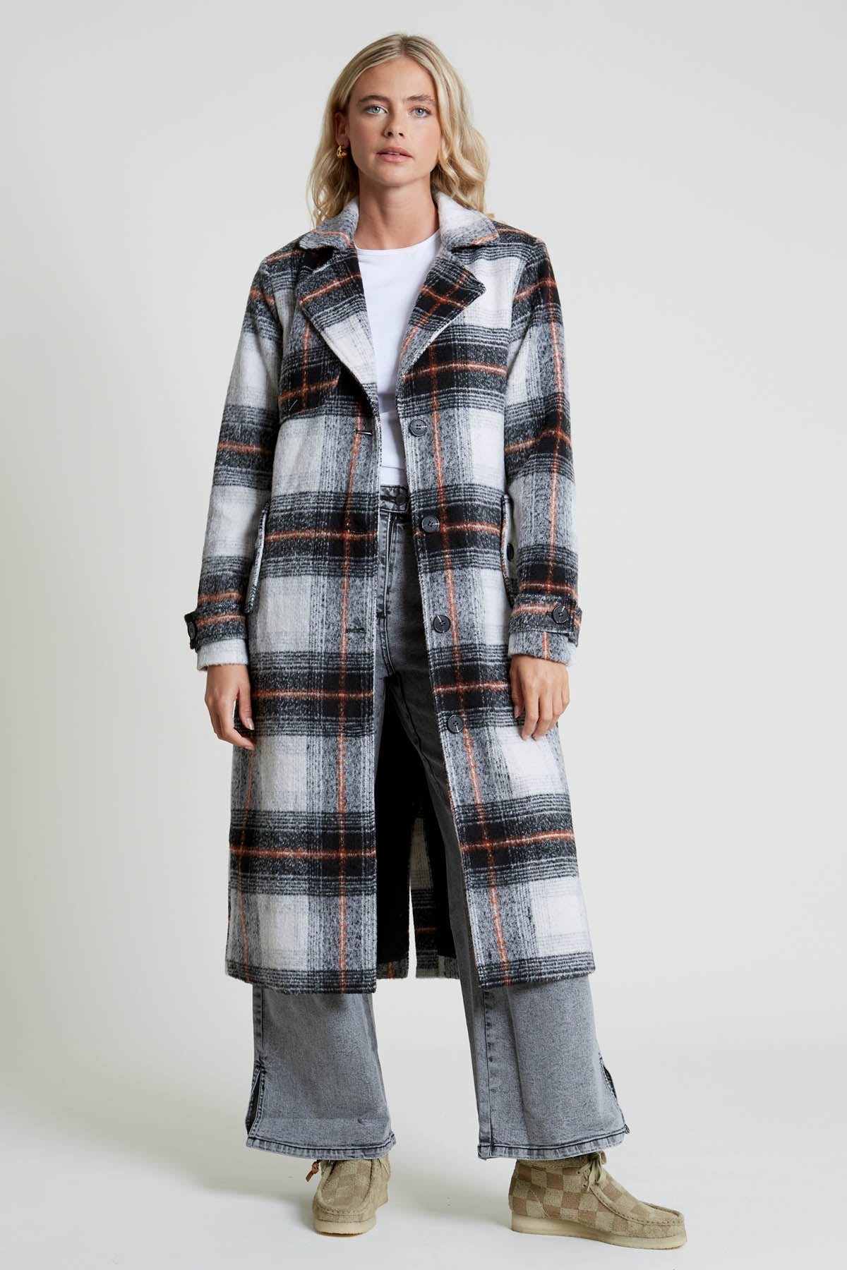 TERESTE LONGLINE CHECK COAT WITH STORM FLAP DETAIL