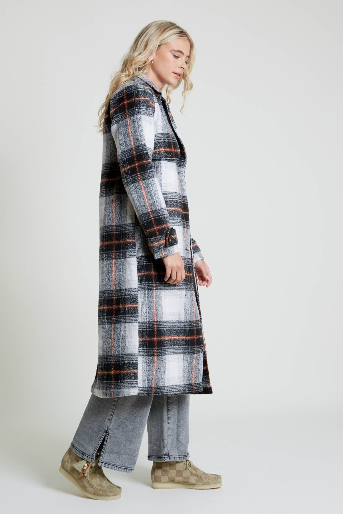 TERESTE LONGLINE CHECK COAT WITH STORM FLAP DETAIL