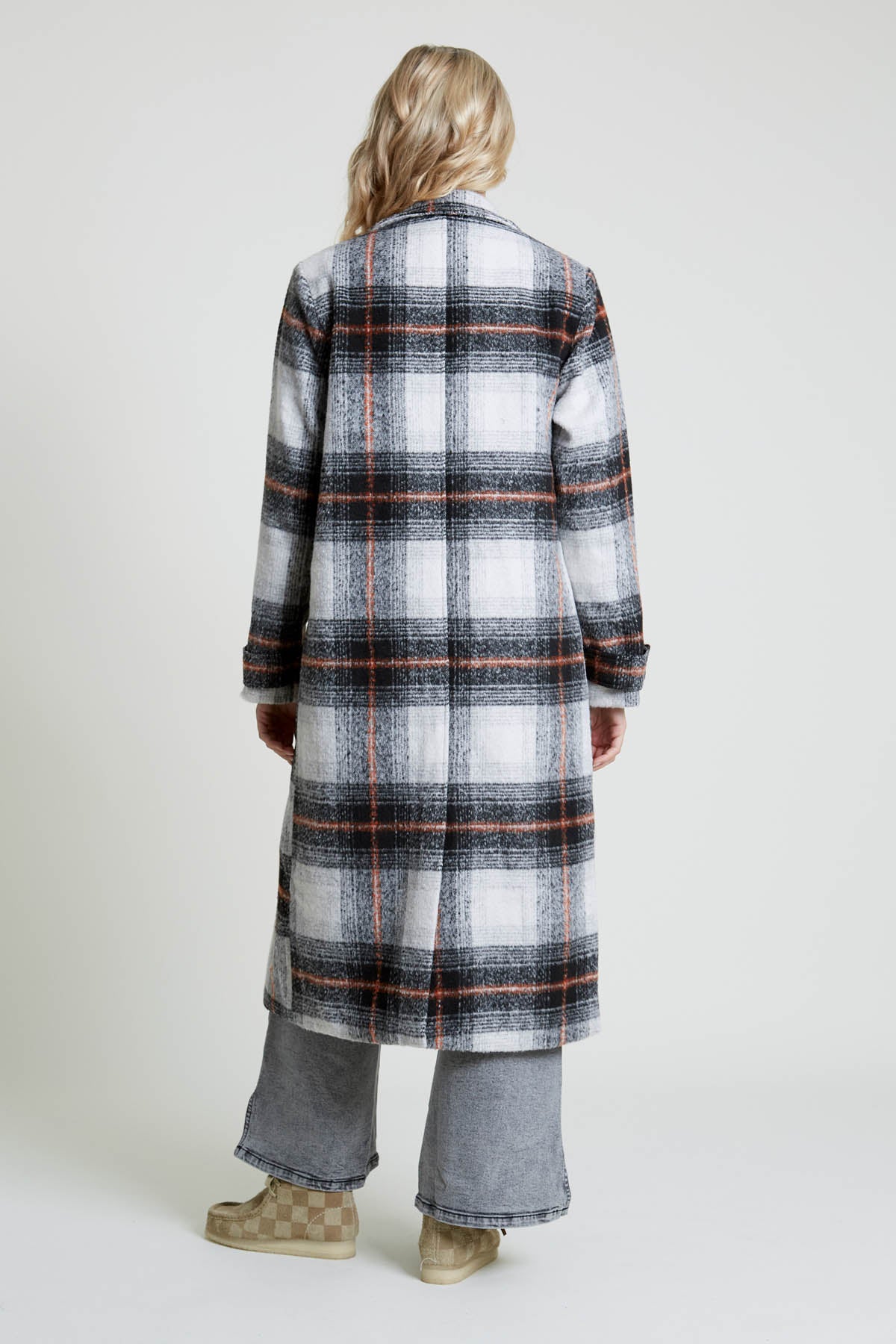 TERESTE LONGLINE CHECK COAT WITH STORM FLAP DETAIL