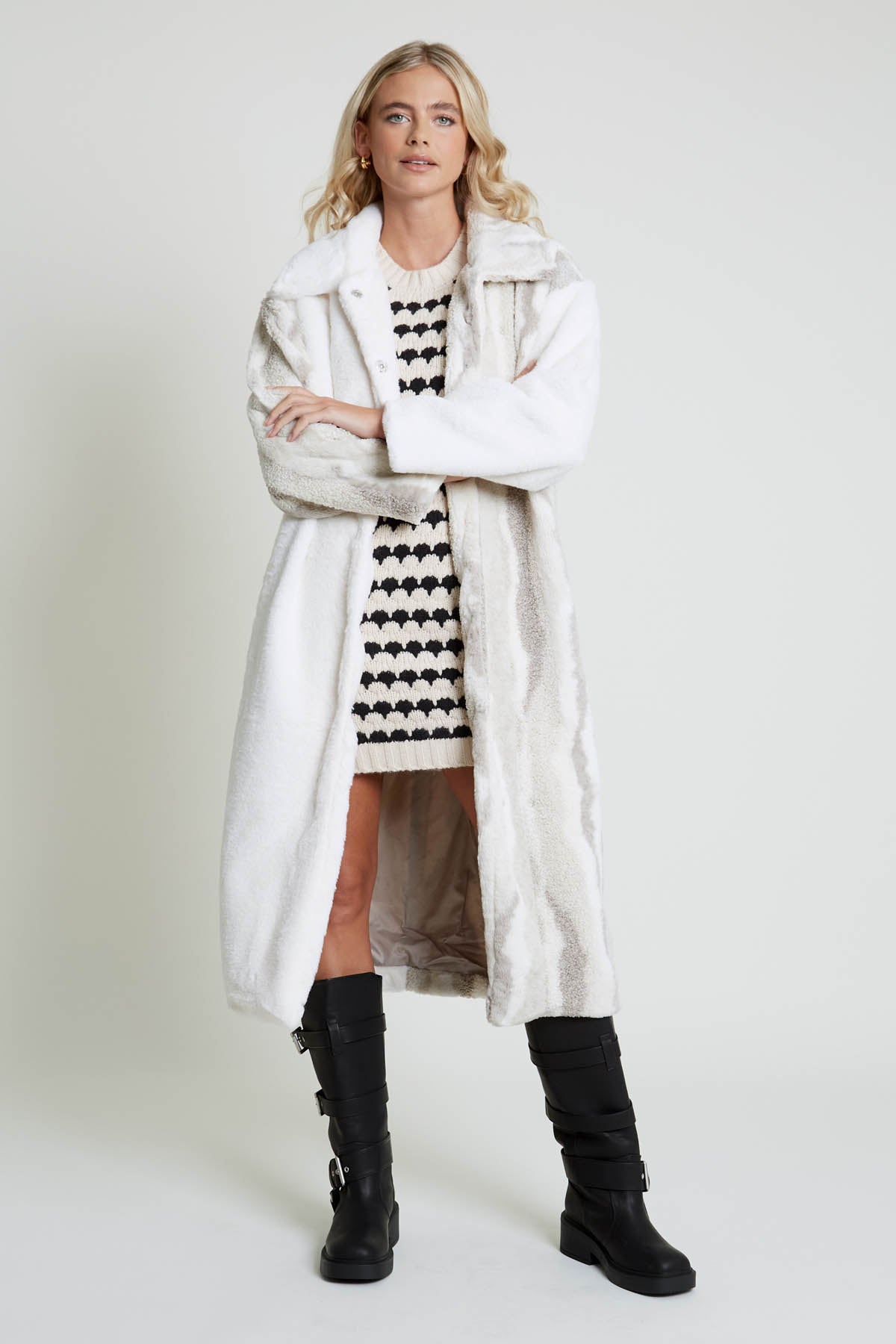 TETIA LONGLINE COAT IN MIXED SHERPA AND FAUX FUR