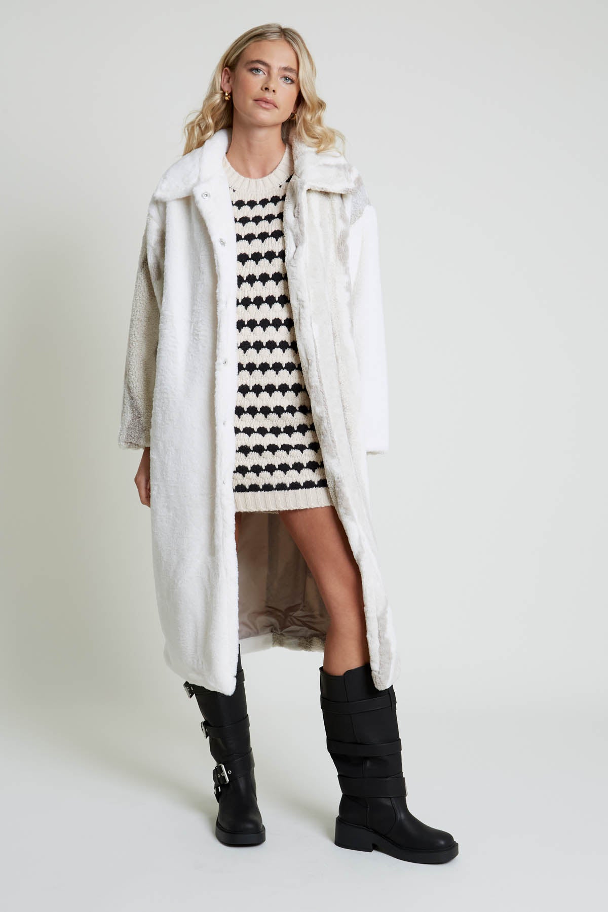 TETIA LONGLINE COAT IN MIXED SHERPA AND FAUX FUR