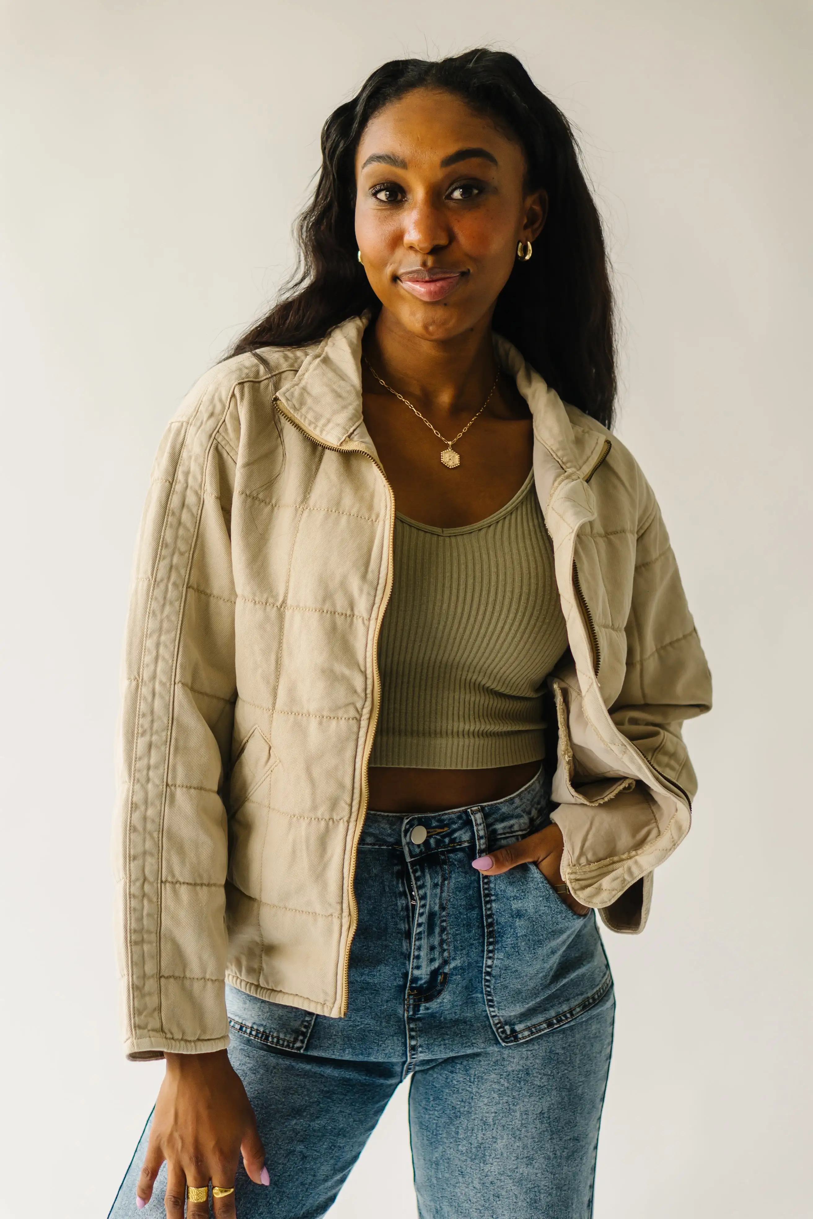 The Chandell Quilted Denim Jacket in Cream