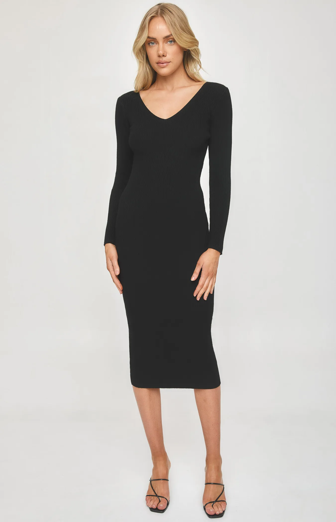 V Neckline Knit Dress with Open Back Tie Detail (WKN274)