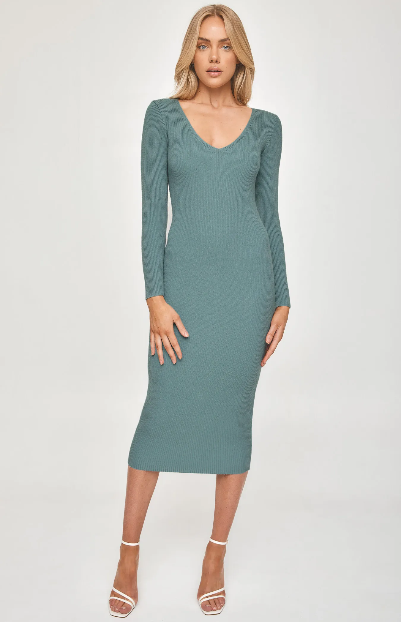 V Neckline Knit Dress with Open Back Tie Detail (WKN274)