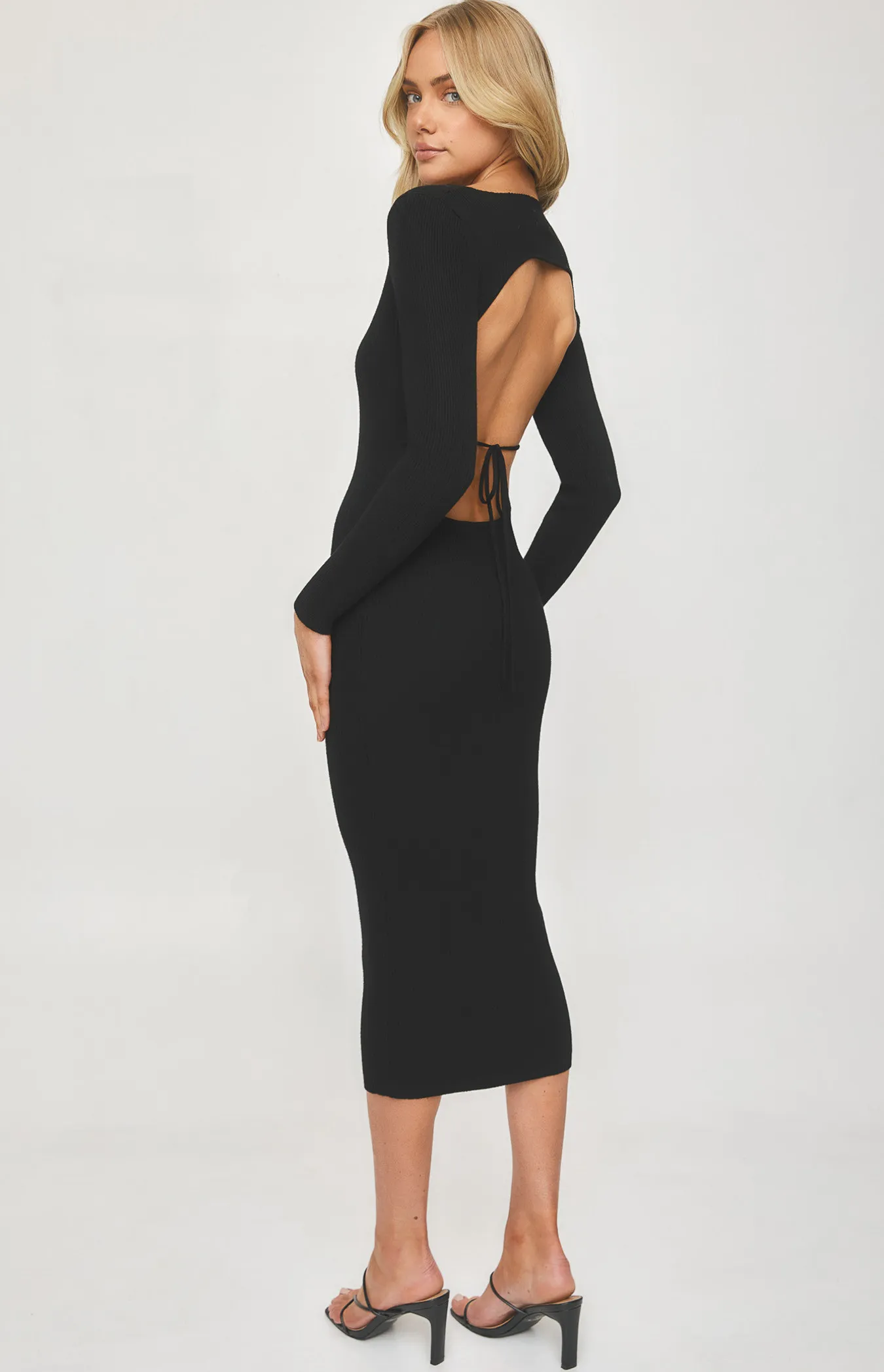 V Neckline Knit Dress with Open Back Tie Detail (WKN274)