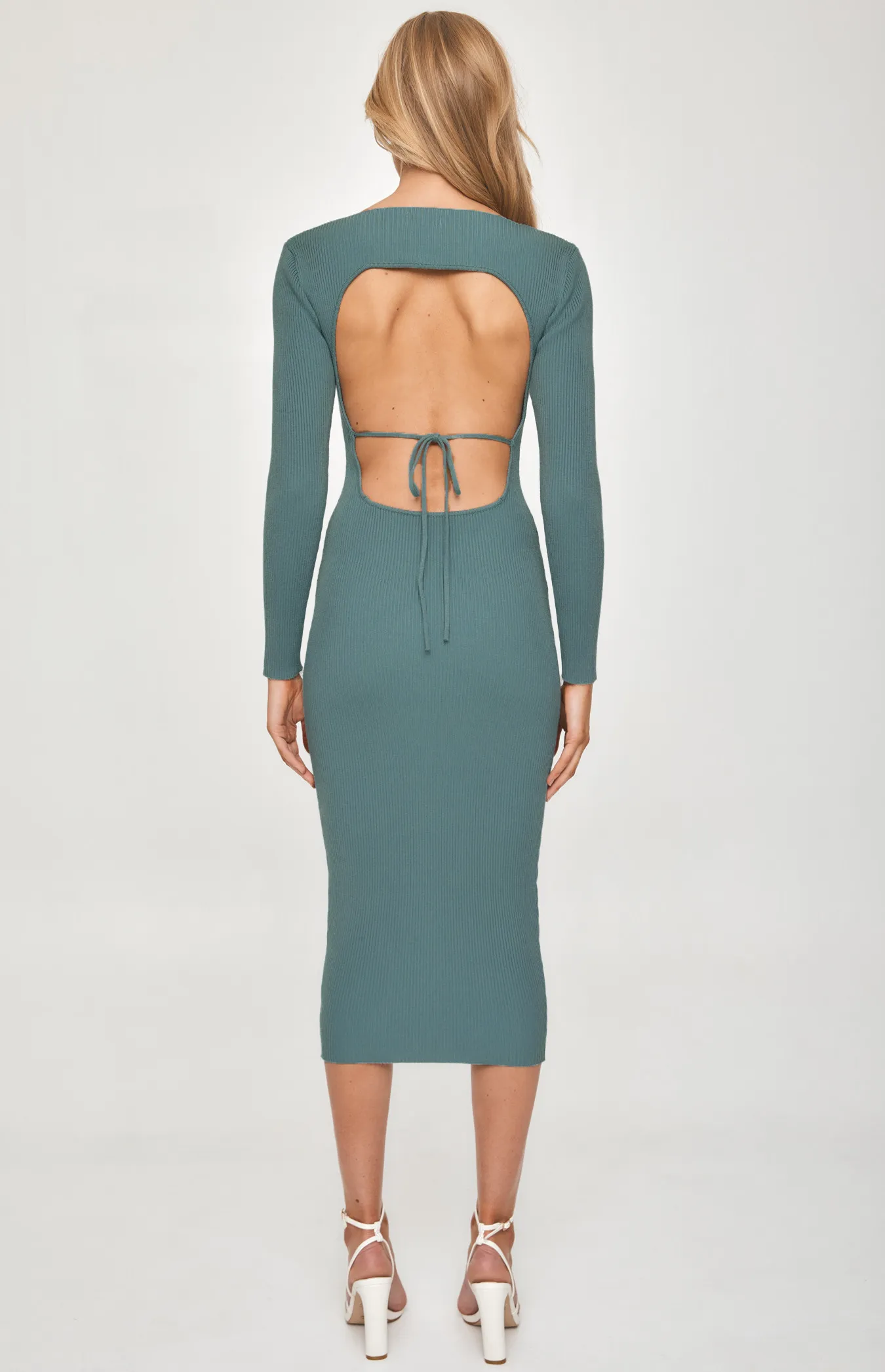 V Neckline Knit Dress with Open Back Tie Detail (WKN274)