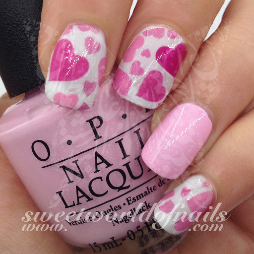 Valentine's Day Nail Art Water Full Wraps Pink and Hot Pink Hearts