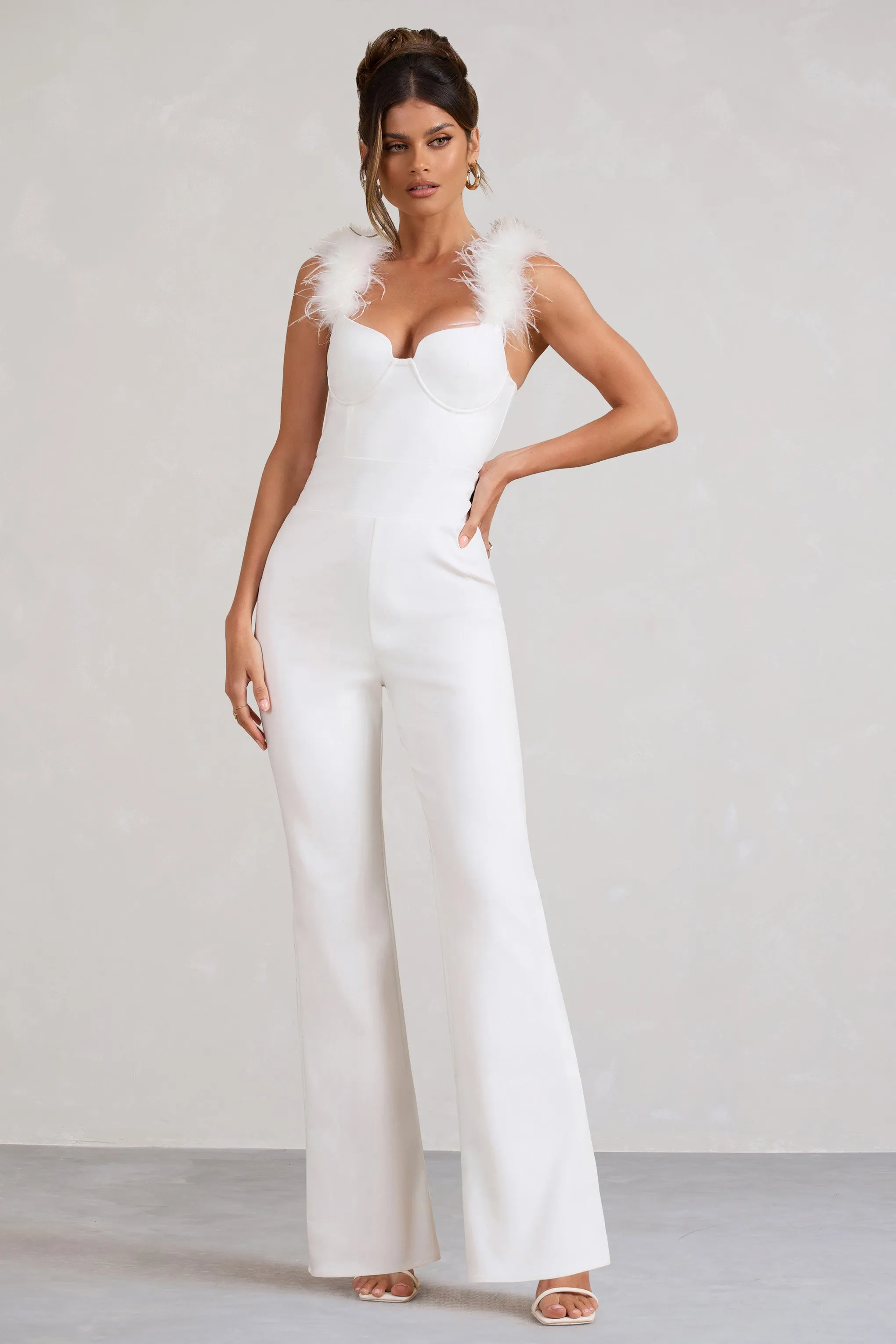 Verity | White Feather Shoulder Corset Style Jumpsuit