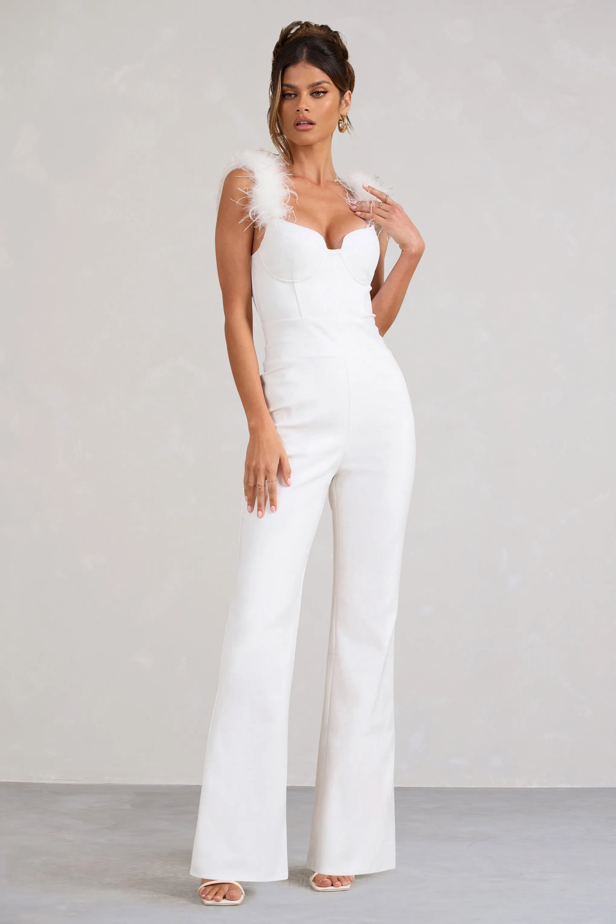 Verity | White Feather Shoulder Corset Style Jumpsuit