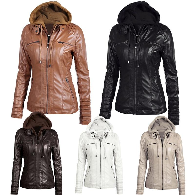 Winter Moto Synthetic Leather Jacket with Turn Down Collar for Women