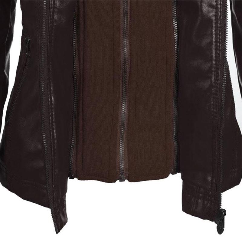 Winter Moto Synthetic Leather Jacket with Turn Down Collar for Women