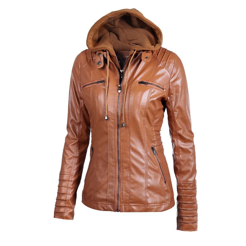 Winter Moto Synthetic Leather Jacket with Turn Down Collar for Women