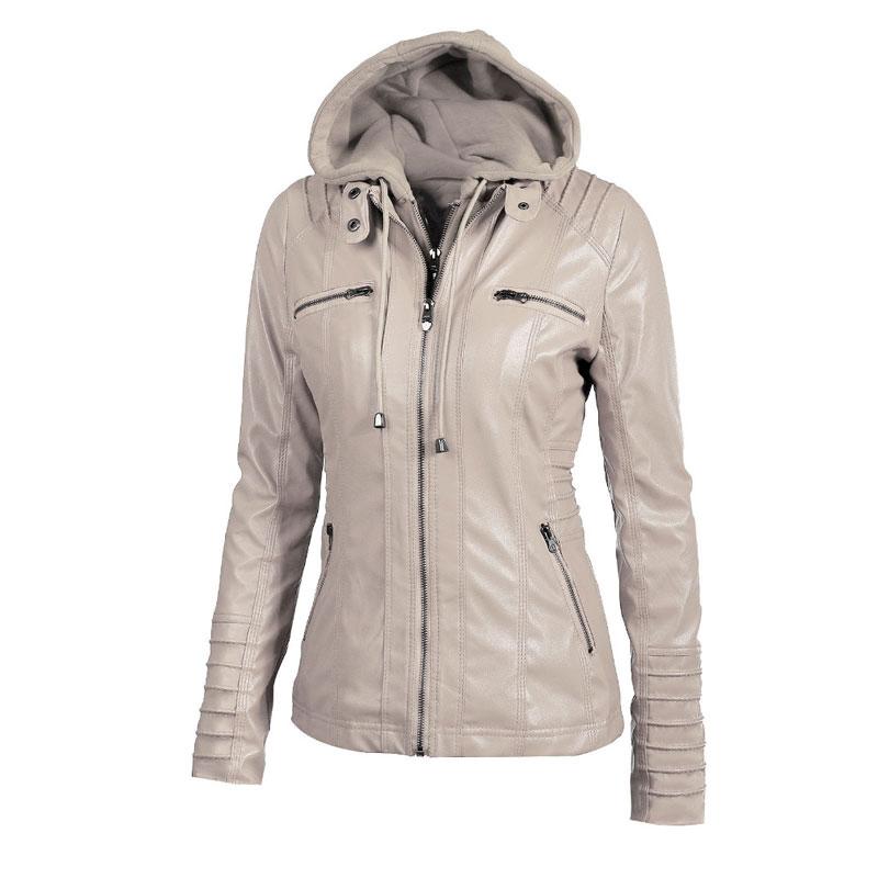 Winter Moto Synthetic Leather Jacket with Turn Down Collar for Women