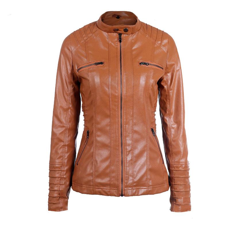 Winter Moto Synthetic Leather Jacket with Turn Down Collar for Women