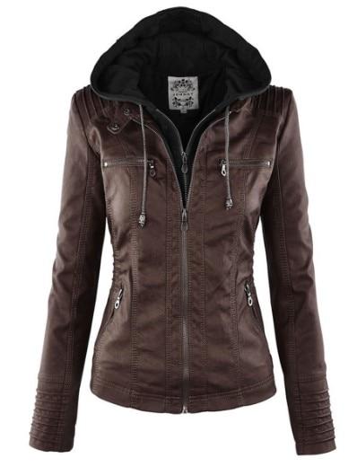 Winter Moto Synthetic Leather Jacket with Turn Down Collar for Women