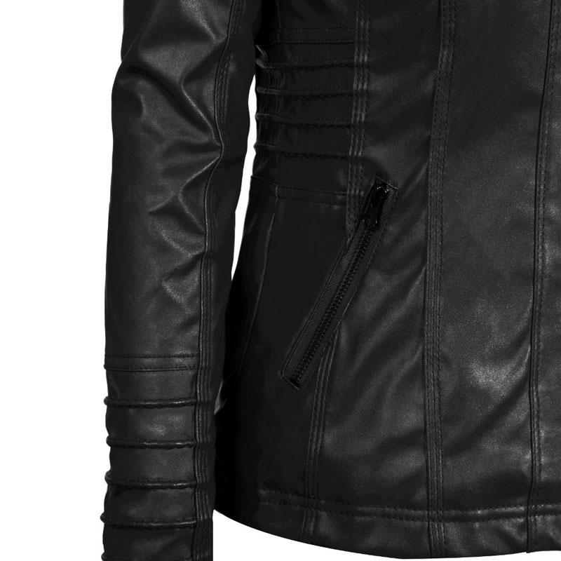 Winter Moto Synthetic Leather Jacket with Turn Down Collar for Women